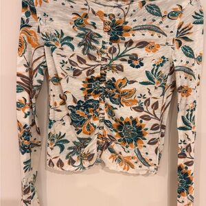 We The Free Floral Ruched Long Sleeve Top in Cream, Teal & Mustard